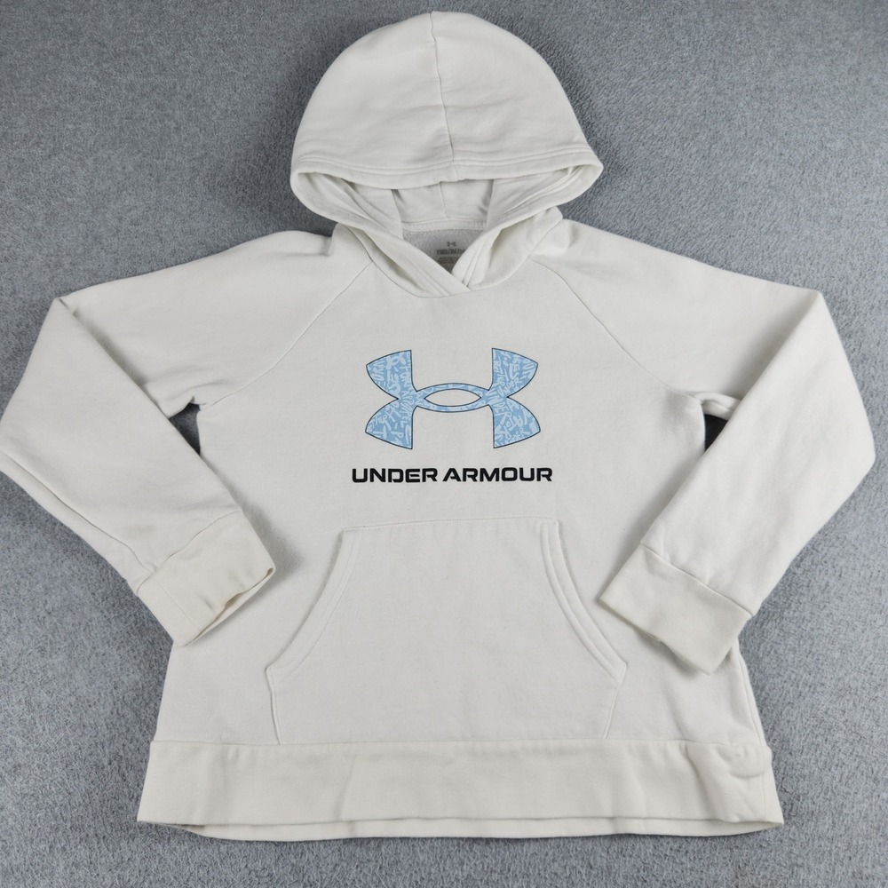 Under Armour Hoodie Girls Youth Medium Beige Rival Fleece Graphic Logo Pullover